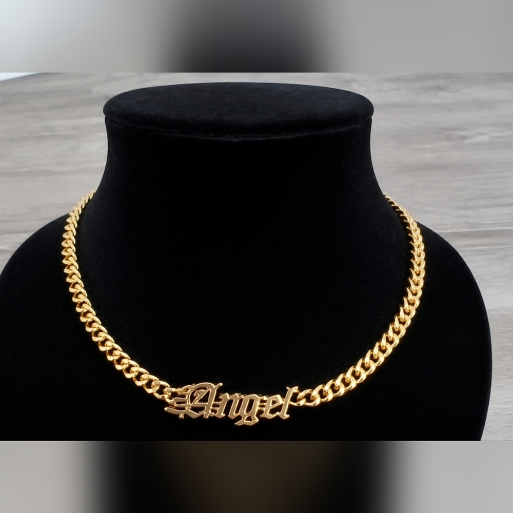 Gold 'Angel' Script Nameplate Curb Chain Necklace for Women